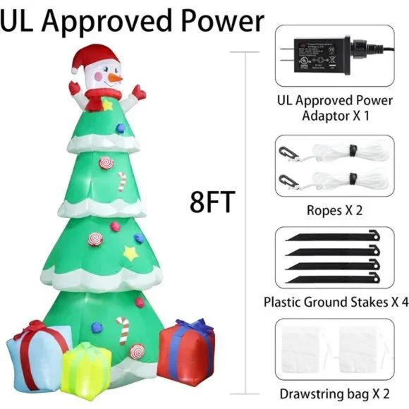 8 FT Christmas Inflatables Tree with Snowman and 3 Gift Boxes, LED Lights